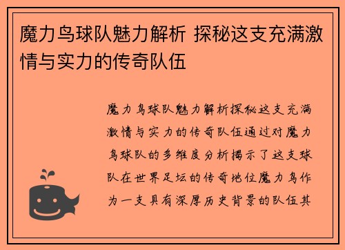 魔力鸟球队魅力解析 探秘这支充满激情与实力的传奇队伍